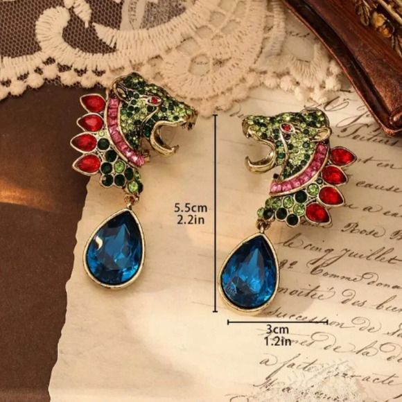Gold Plated Multi colour rhinestone Lion statement earrings - NEW - Picture 2 of 3